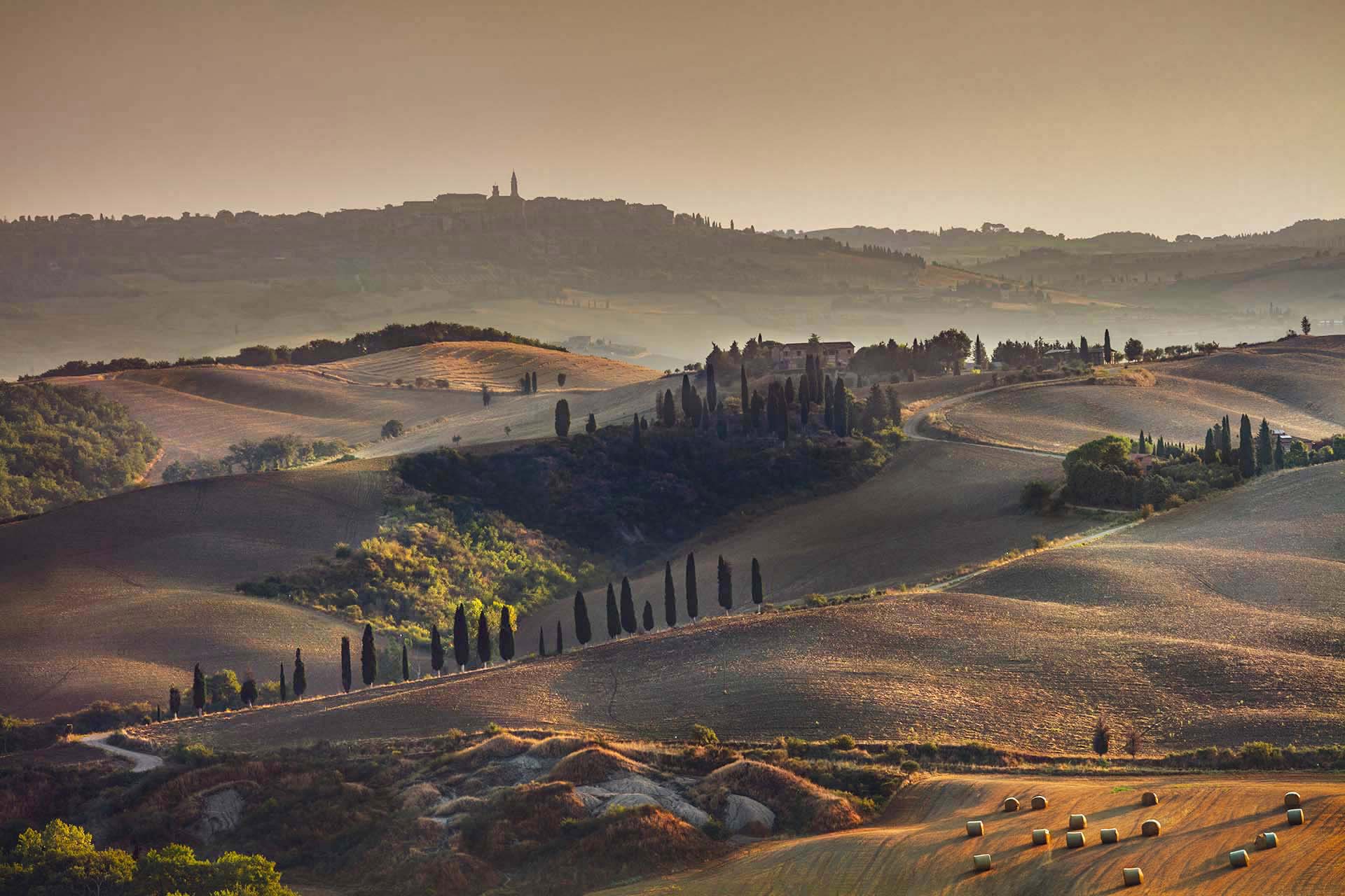 Paesaggio della Val d'Orcia con Pienza sullo sfondo.