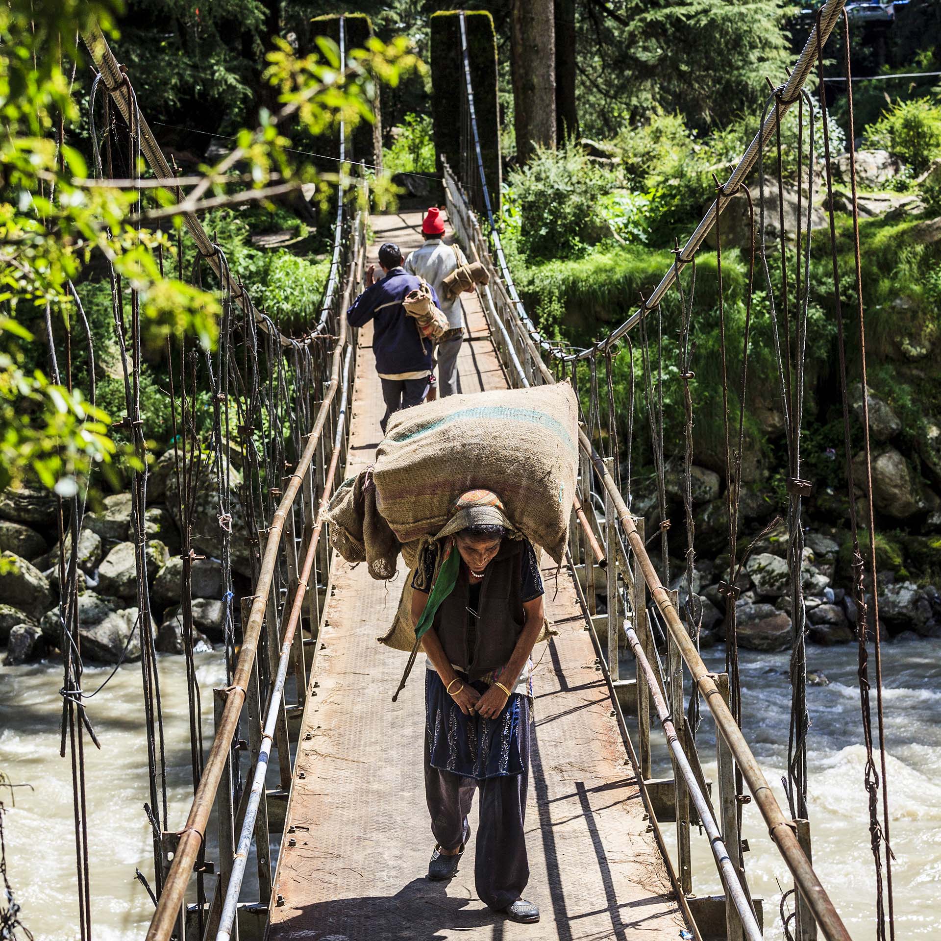 India, Valle del Parvati, passaggio di portatori nel ponte sul fiume Parvati a Kasol