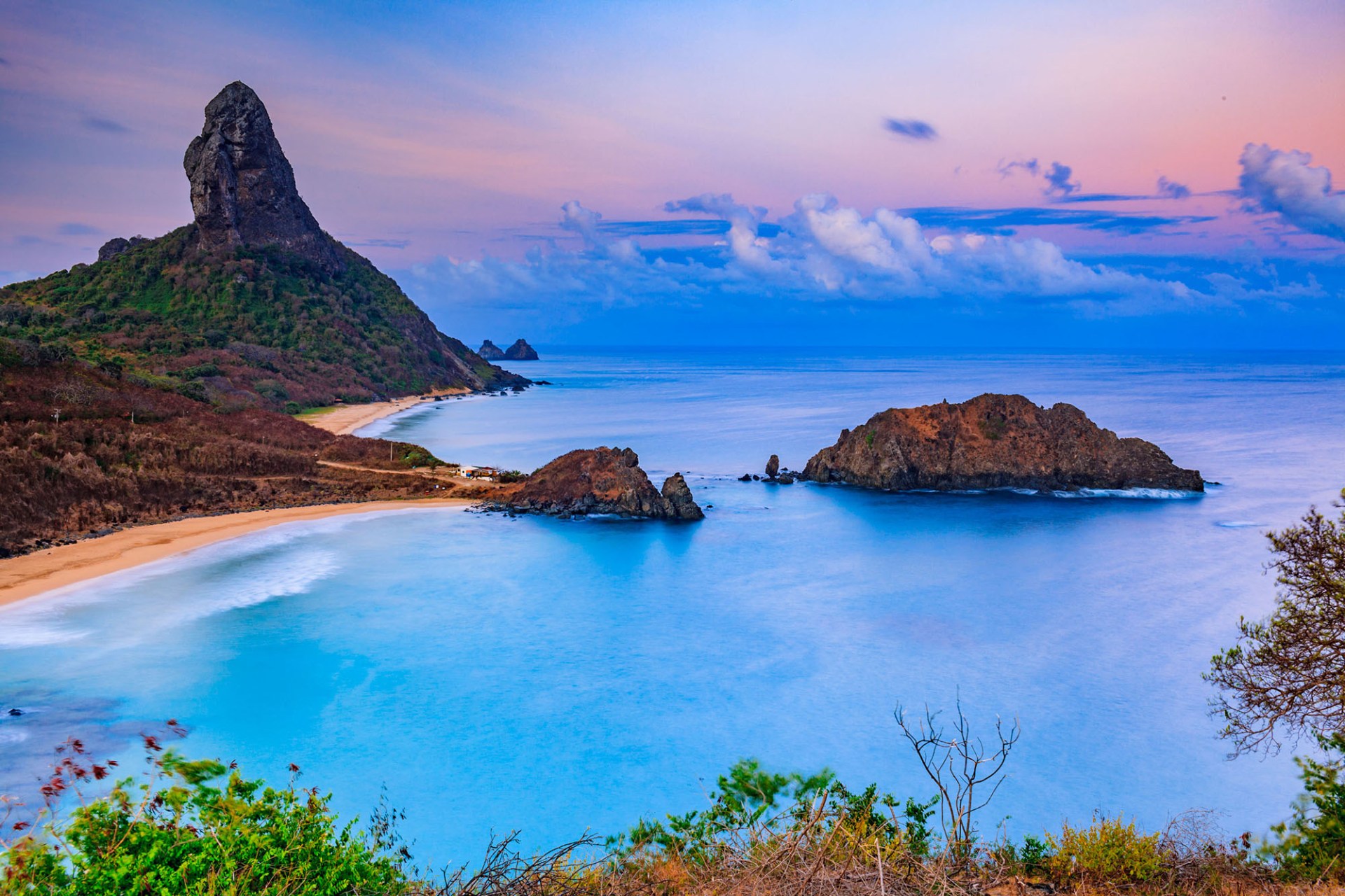View of Praia do Meio, Praia do Conceicao beach and Morro do Pico in the background