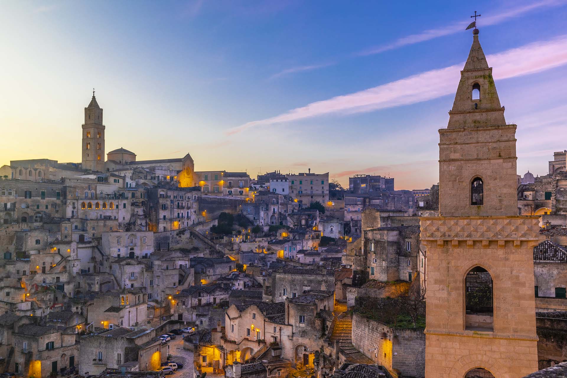 Basilicata, campanile della Chiesa di San Pietro Barisano e la Cattedrale di Matera