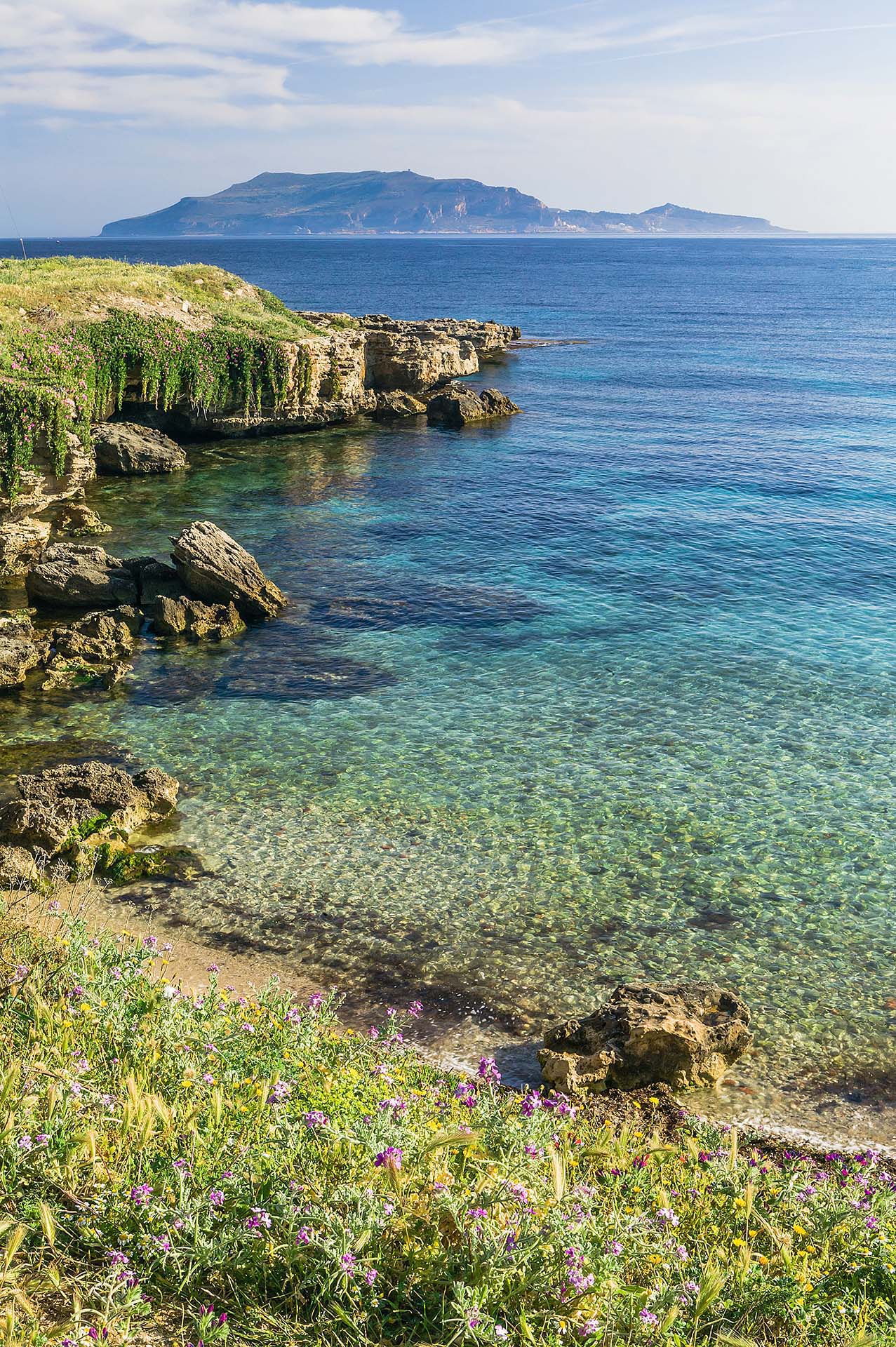 SIM-723097 - DE7U5452-Spiaggia di Calafumere fiorita, la magia di Favignana tra colori e profumi, con Levanzo all'orizzonte