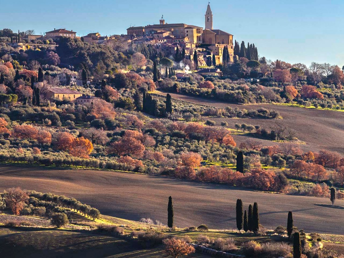 Il paesaggio della Val d'Orcia con Pienza sullo sfondo.
