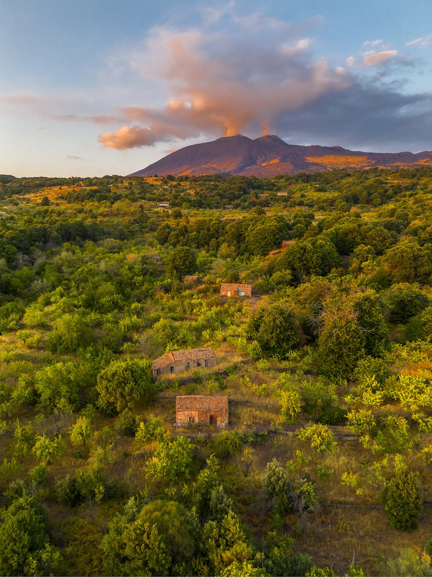 DJI_0063-HDR-Paesaggio rurale dell'Etna, il bosco della Milia con i crateri sommitali fumanti