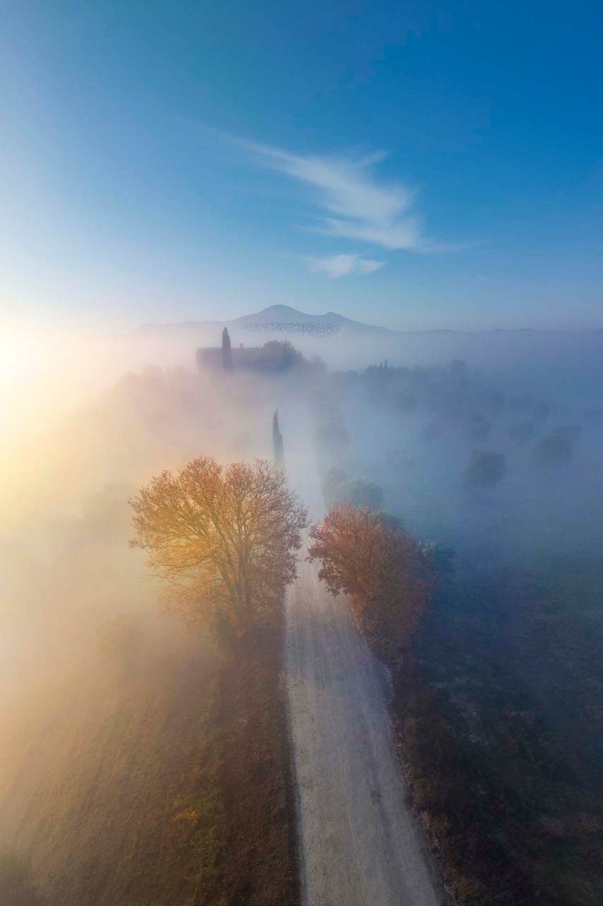 Strada nella nebbia tra le colline della Val d'Orcia con il Monte Amiata.