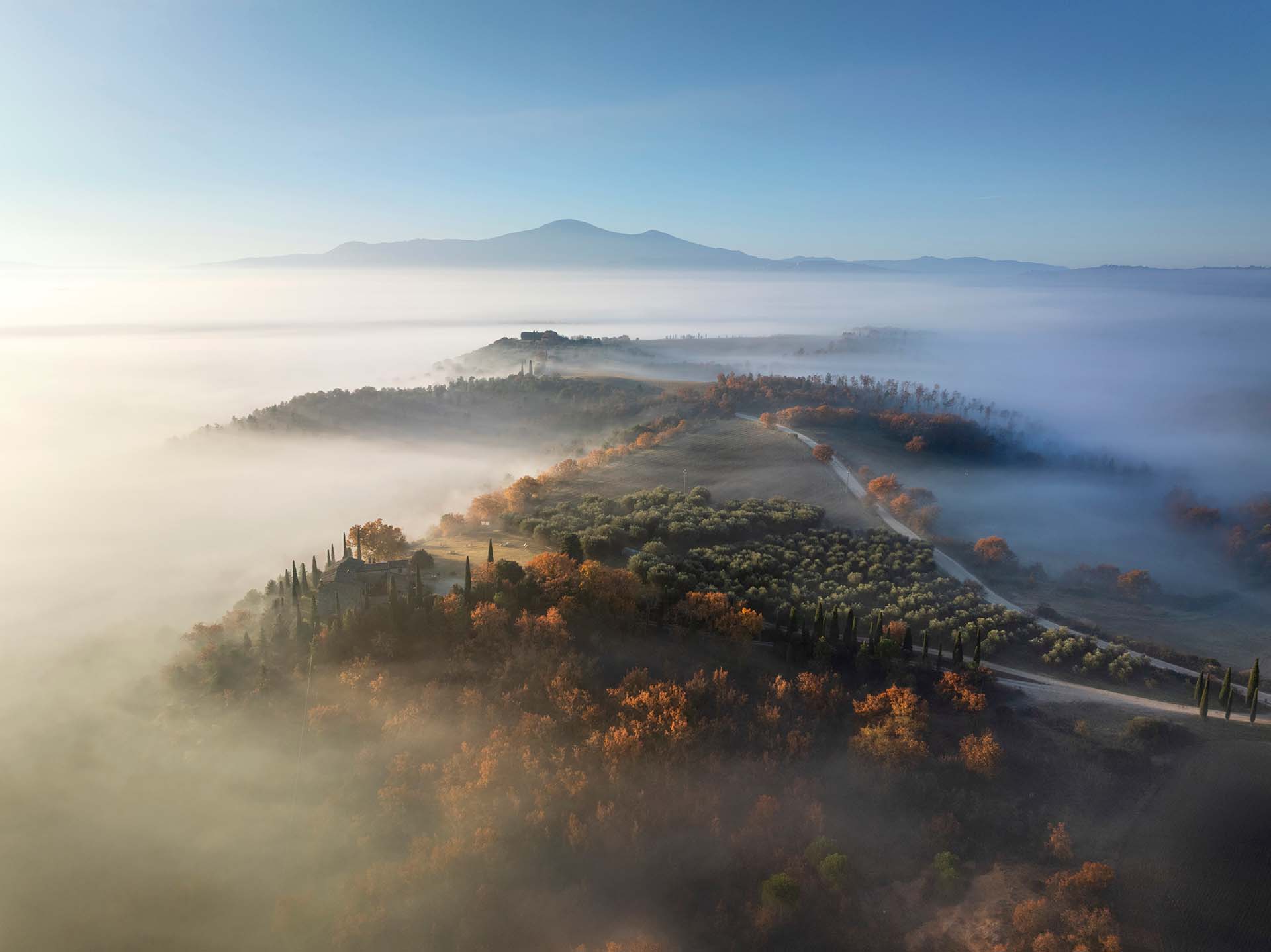 Le colline della Val d'Orcia con il Monte Amiata sullo sfondo.