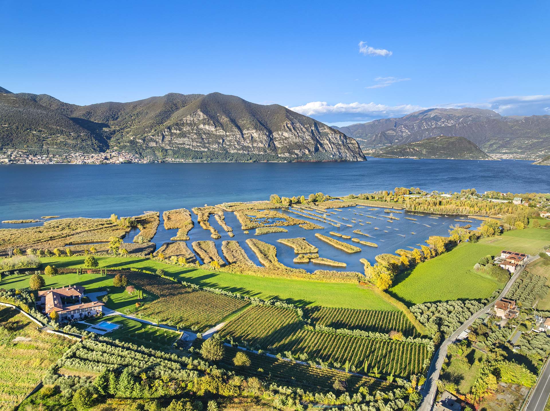 Riserva naturale Torbiere del Sebino e sullo sfondo il Lago d'Iseo.