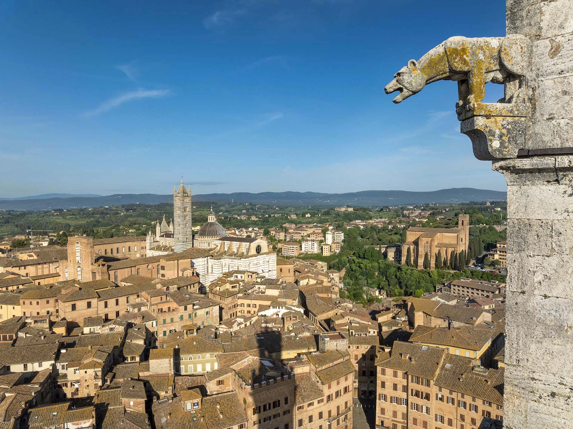 Il centro di Siena con il suo Duomo e un particolare della Torre del Mangia.