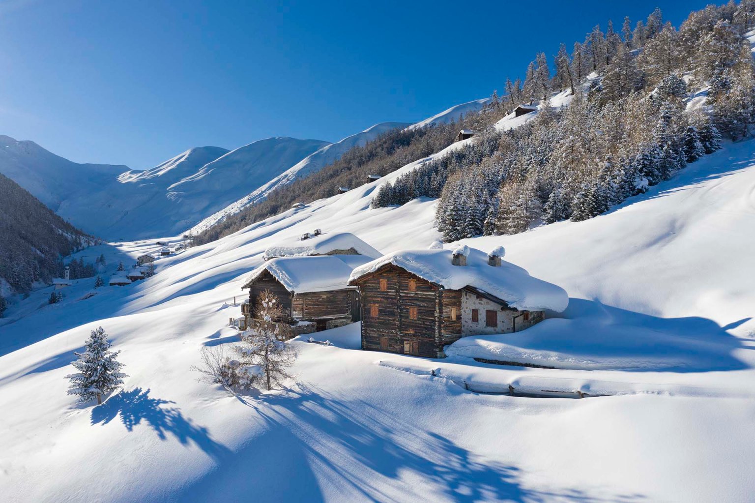 Chalet tra la neve in Val Federia a Livigno.