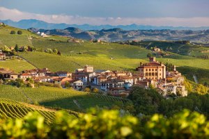 Le colline delle Langhe con il borgo di Barolo e il suo castello.