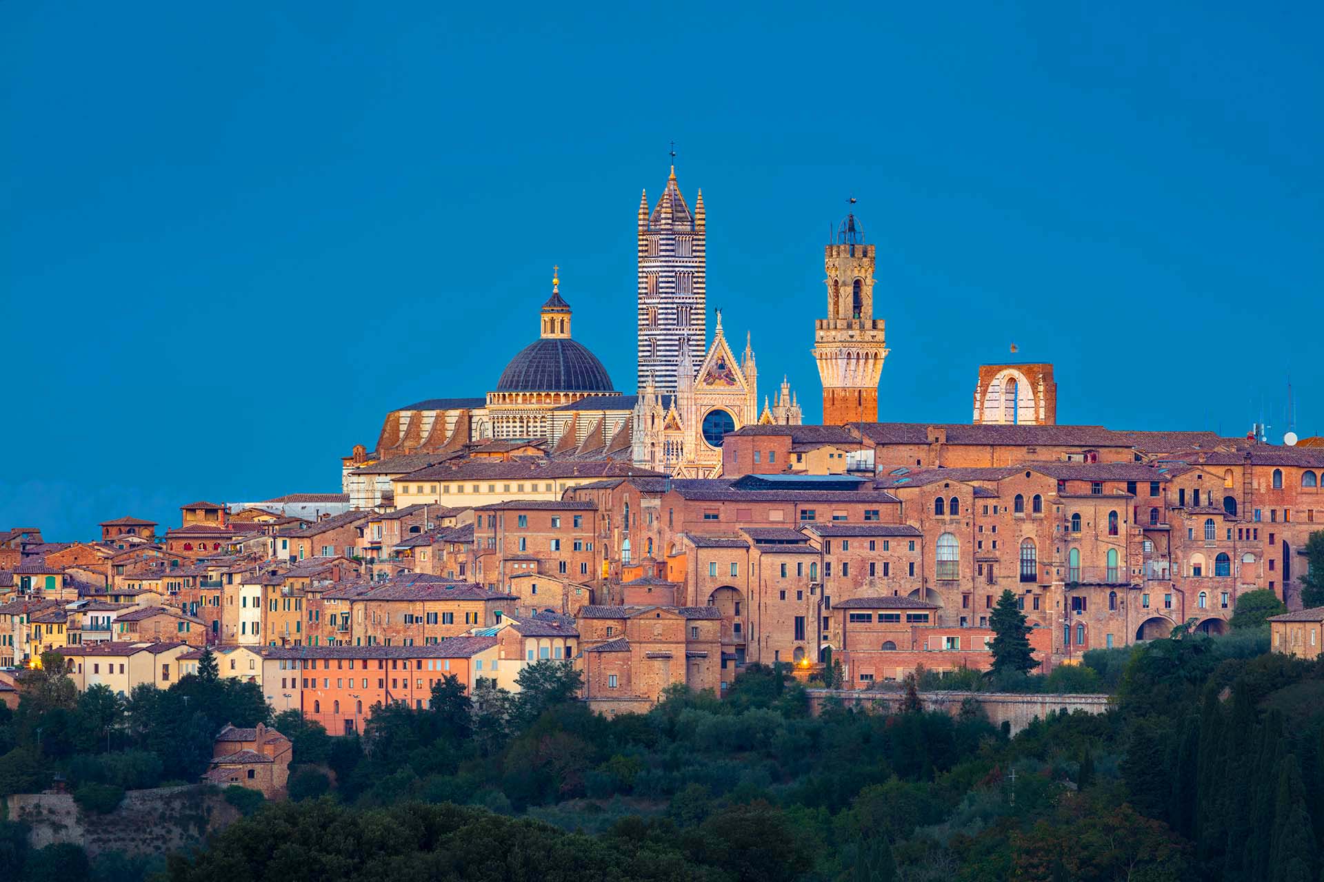 Il centro storico di Siena con il Duomo e la Torre del Mangia.